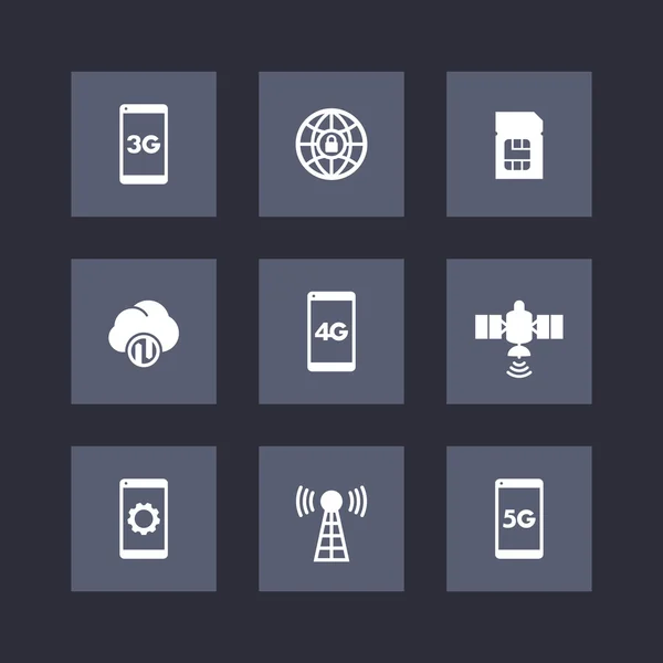 Tecnología inalámbrica, comunicación móvil, signos de conexión, 4g, 5g iconos de Internet móvil, conjunto cuadrado plano, ilustración de vectores — Vector de stock