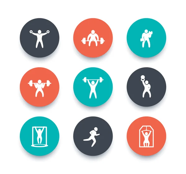 Palestra, esercizi di fitness icone a colori rotonde, allenamento in palestra, icona dell'allenamento, illustrazione vettoriale — Vettoriale Stock
