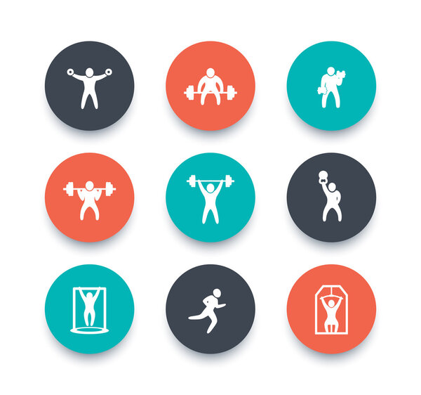Gym, fitness exercises round color icons, gym training, workout icon, vector illustration