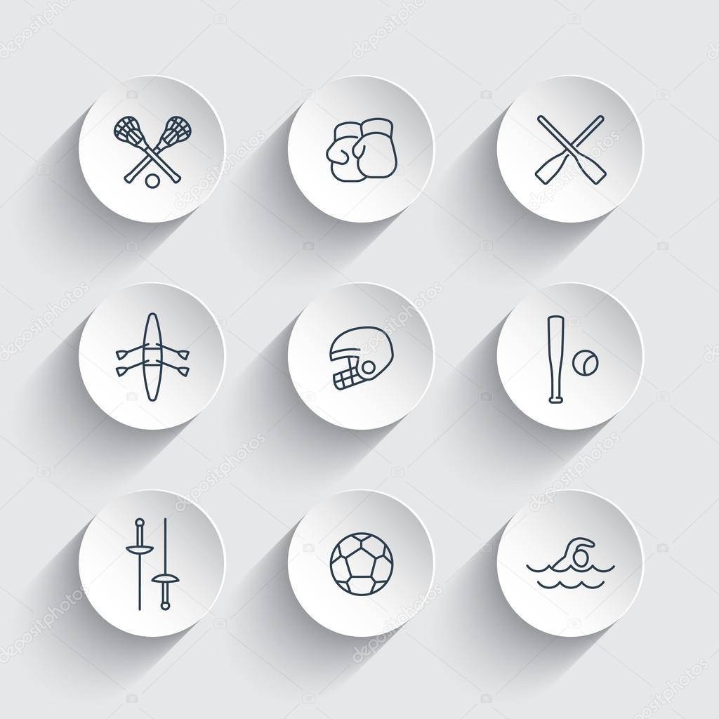 sports and games line icons on round 3d shapes, vector illustration