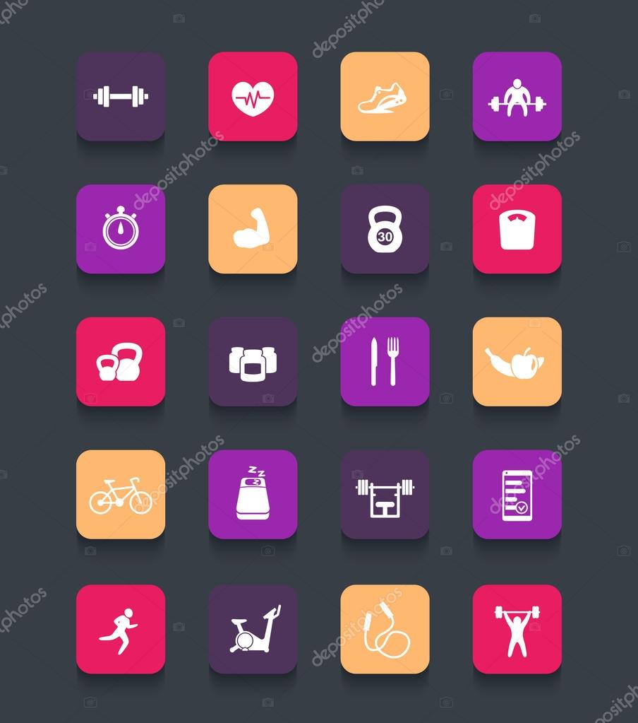 20 fitness icons, gym, sport, workout, training color rounded square icons, vector illustration