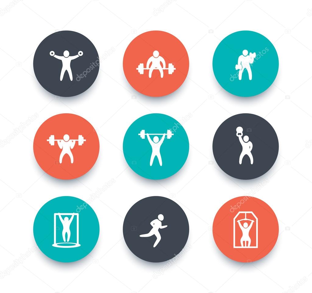 Gym, fitness exercises round color icons, gym training, workout icon, vector illustration