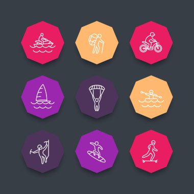 extreme outdoor activities line icons, color octagonal set, vector illustration