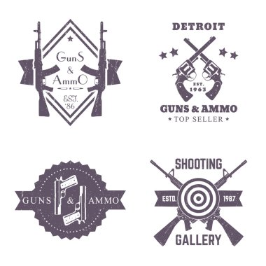 guns and ammo, vintage logos set, badges with automatic rifles, crossed revolvers, two pistols, shooting gallery logo, sign with assault rifles on white clipart