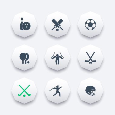 Spor, Oyunlar, rekabet sekizgen Icons set, vektör çizim
