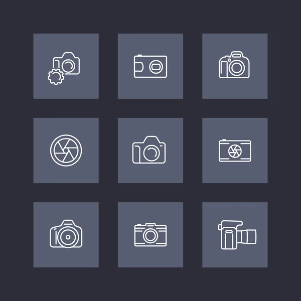 Camera, photography line icons, dslr, aperture, slr camera square icons set, vector illustration — Stockvector