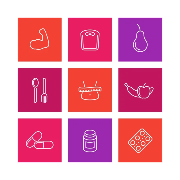 Diet icons, sport nutrition, fat loss, healthy food icons on white, vector illustration — 스톡 벡터