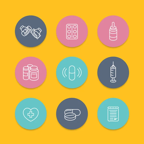 Medicine, drugs, pills, pharmaceutics line icons, round flat set, vector illustration — ストックベクタ