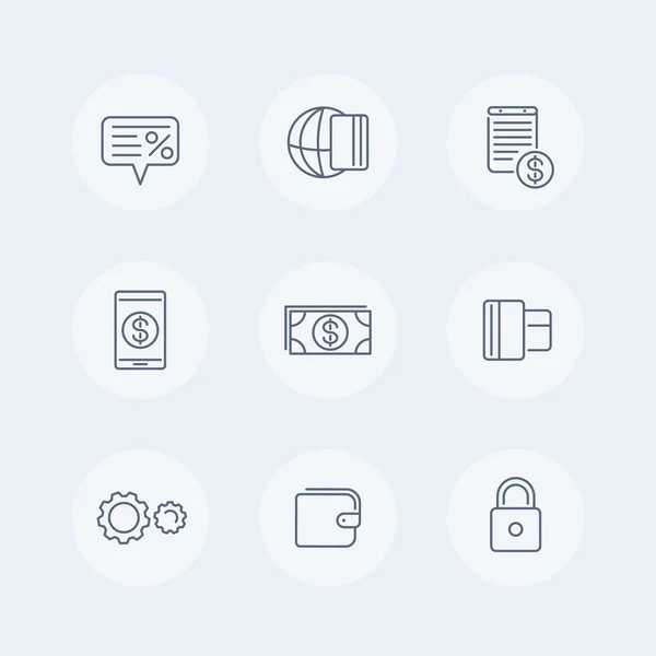 Payment methods thin line icons, electronic payment, credit card, wallet, mobile payment, cash icons, vector illustration — Wektor stockowy