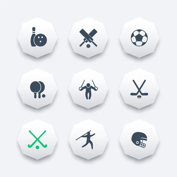 Sport, giochi, set icone ottagonali competizione, illustrazione vettoriale — Vettoriale Stock