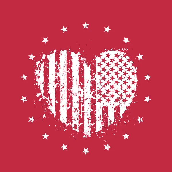 Corazón abstracto con bandera de EE.UU., signo patriótico, impresión camiseta, ilustración vectorial — Vector de stock
