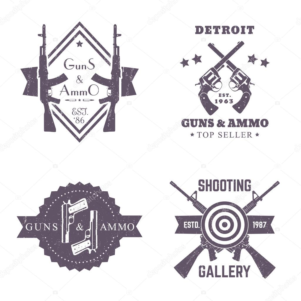 guns and ammo, vintage logos set, badges with automatic rifles, crossed revolvers, two pistols, shooting gallery logo, sign with assault rifles on white