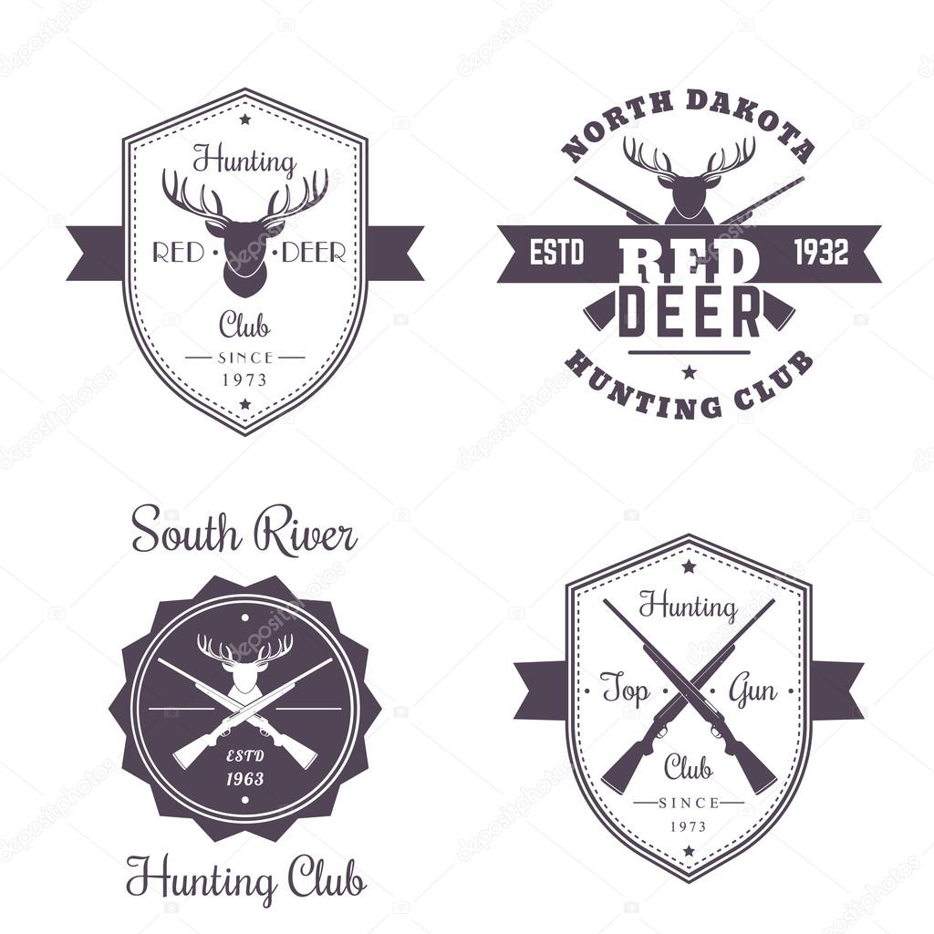 Hunting club vintage logo, badges, emblems with crossed hunting rifles, deer head, isolated on white, vector illustration