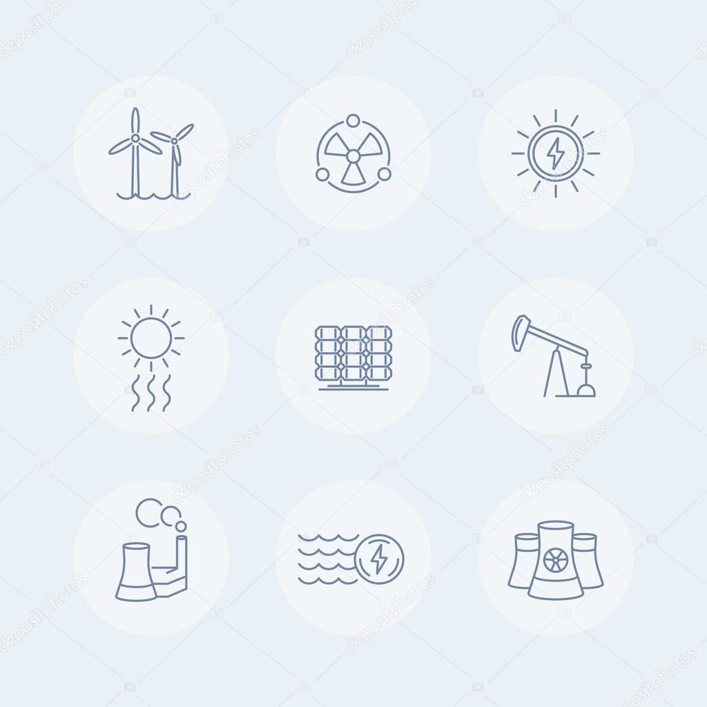 Power, energy production, energetics, nuclear energy thin line icons, vector illustration