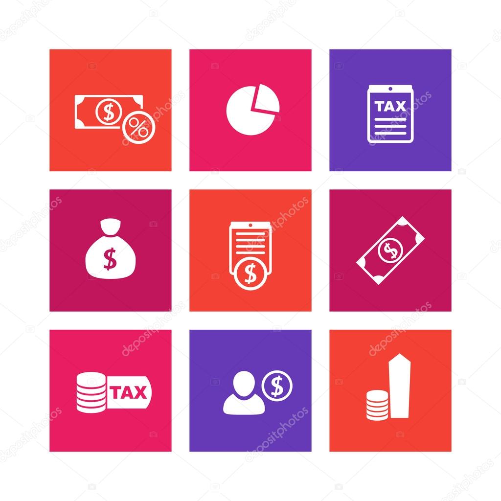 Tax, finance, payroll, income, money square icons on white, vector illustration
