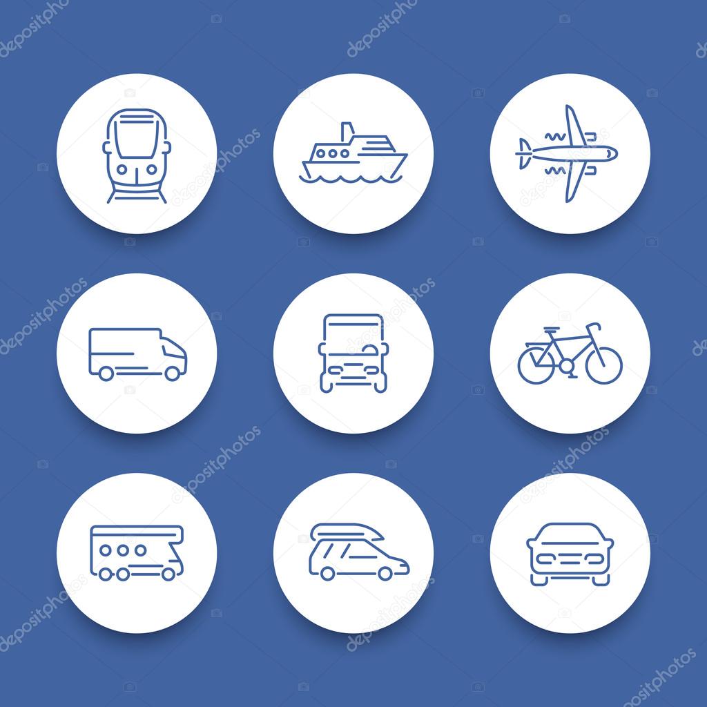 Transport line icons, car, van, minivan, bus, train, airplane, ship round icons, vector illustration