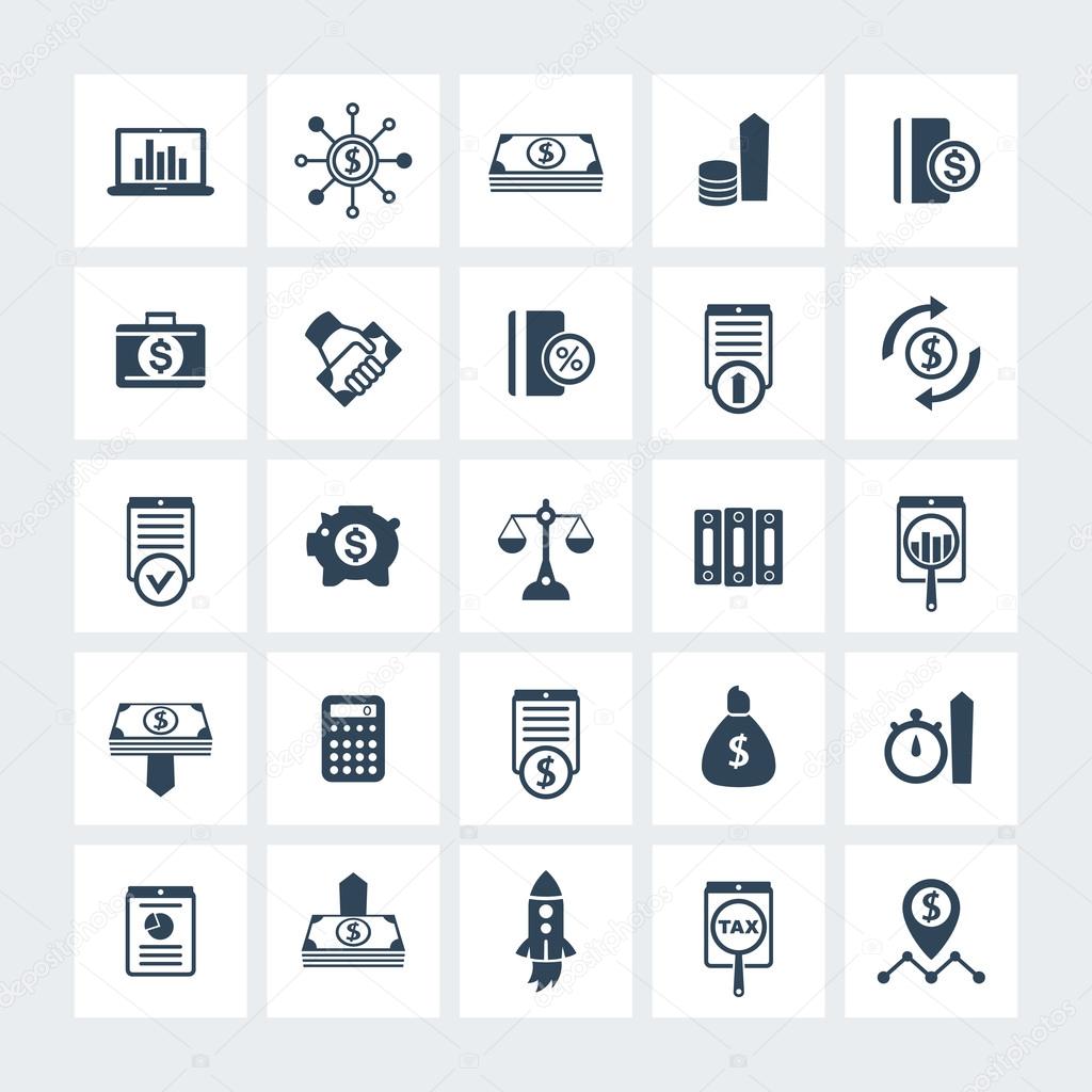 25 finance, investing icons, venture capital, investment, shares, stocks, investor, funds, money, income icons on squares, vector illustration