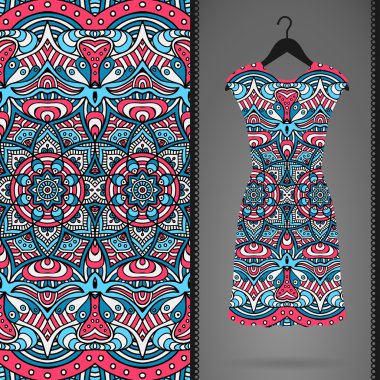 elbise ve Dikişsiz desen kartı. Vintage dekor elementleri. el çekilmiş arka plan.