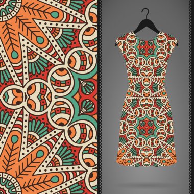 elbise ve Dikişsiz desen kartı. Vintage dekor elementleri. el çekilmiş arka plan.