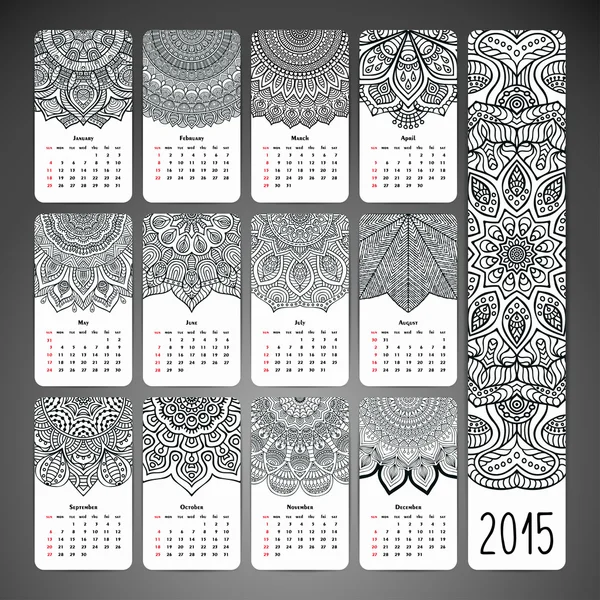 Calendario dibujado a mano con mandalas — Vector de stock