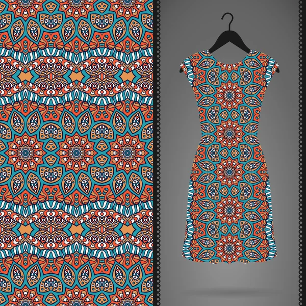 Kaart met de jurk en naadloze patroon — Stockvector