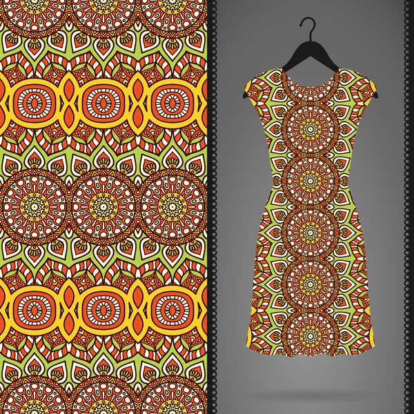 Carte avec robe et motif sans couture — Image vectorielle
