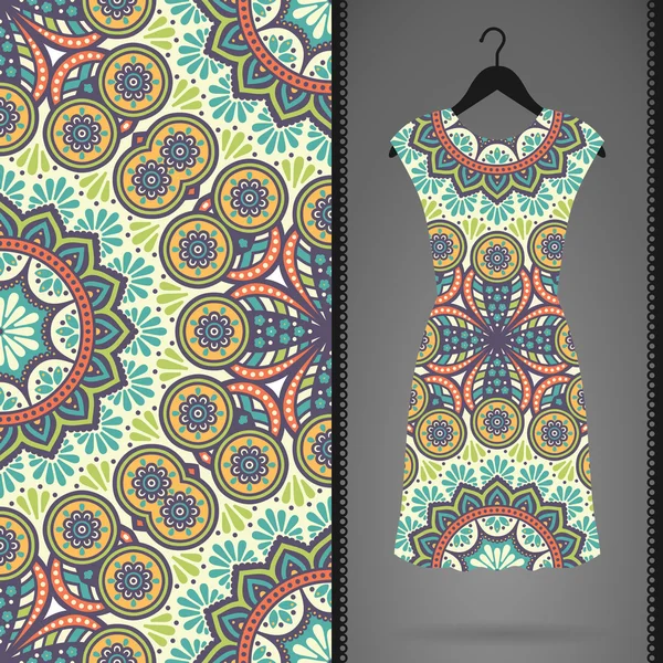Этнический цветочный бесшовный узор с платьем — стоковый вектор