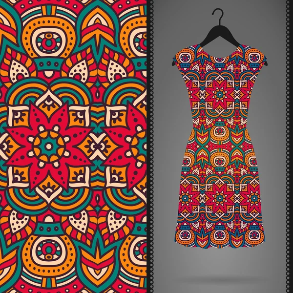 Ethnic floral seamless pattern with dress — Stock Vector