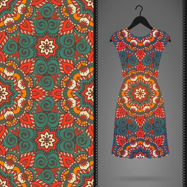 Patrón sin costura floral étnico con vestido — Archivo Imágenes Vectoriales