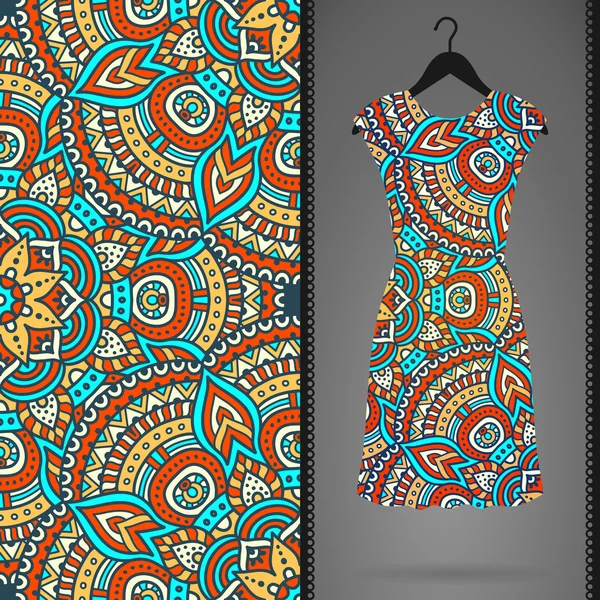 Patrón sin costura floral étnico con vestido — Vector de stock