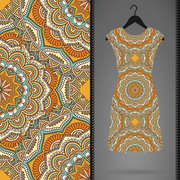 Ethnic floral seamless pattern with dress — Stock Vector