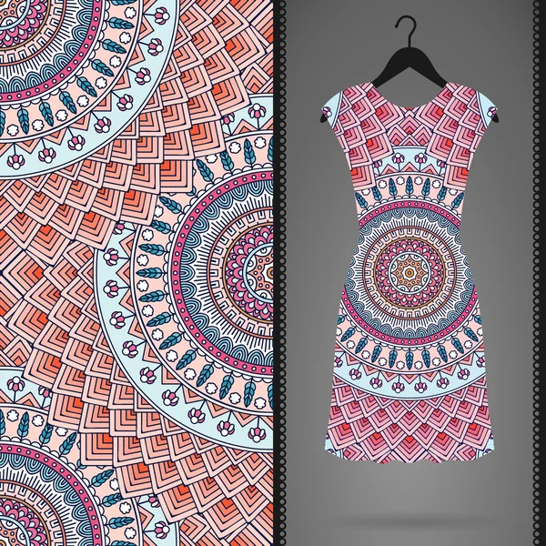 Patrón sin costura floral étnico con vestido — Vector de stock