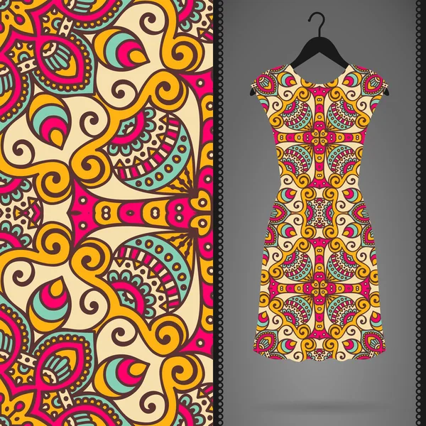 Ethnic floral seamless pattern with dress — Stock Vector