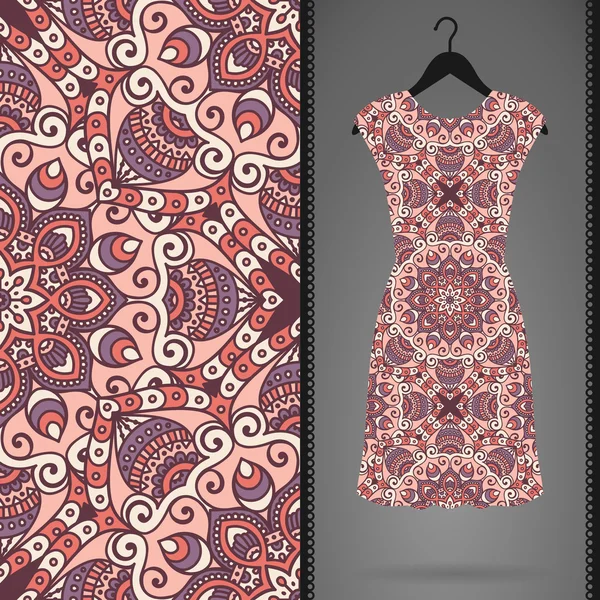 Patrón sin costura floral étnico con vestido — Vector de stock