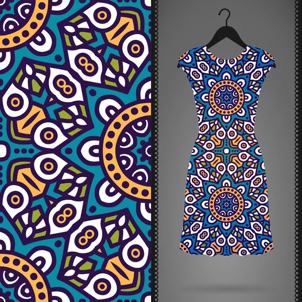 Etnische naadloze bloemmotief met jurk — Stockvector