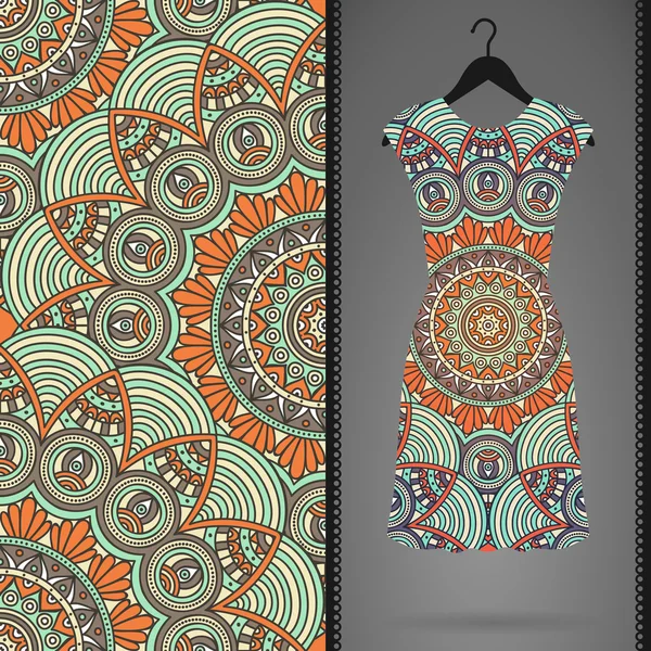 Patrón sin costura floral étnico con vestido — Vector de stock