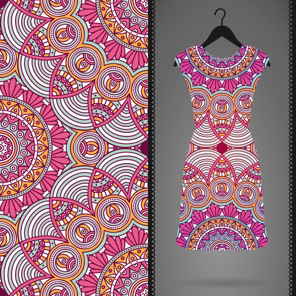 Patrón sin costura floral étnico con vestido — Vector de stock