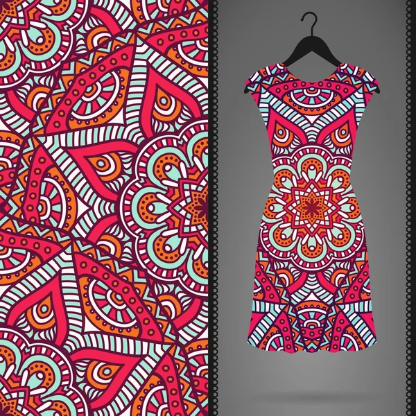 Ethnic floral seamless pattern with dress — Stock Vector