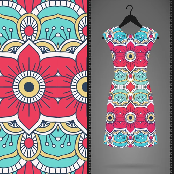 Patrón sin costura floral étnico con vestido — Vector de stock