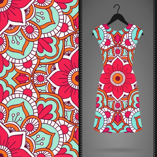 Etnische naadloze bloemmotief met jurk — Stockvector