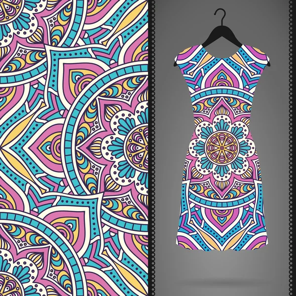 Ethnic floral seamless pattern with dress — Stock Vector