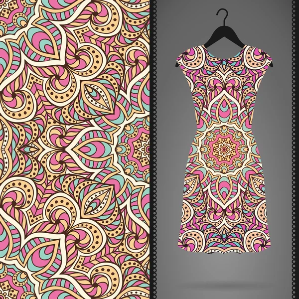 Ethnic floral seamless pattern with dress — Stock Vector