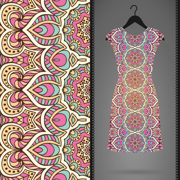 Patrón sin costura floral étnico con vestido — Vector de stock