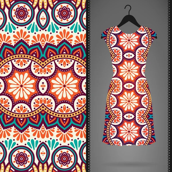 Patrón sin costura floral étnico con vestido — Vector de stock