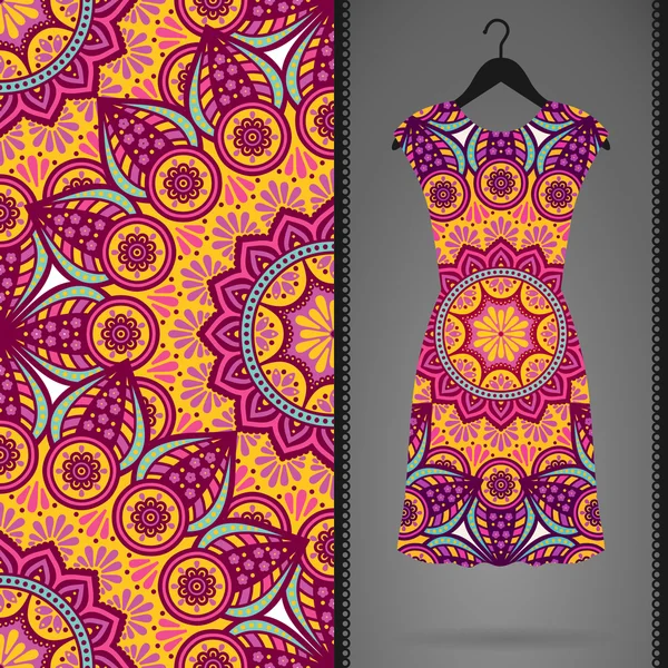 Ethnic floral seamless pattern with dress — Stock Vector