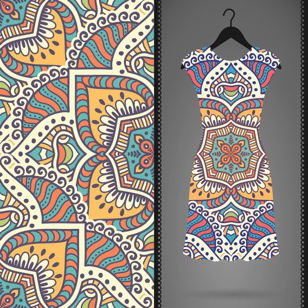 Patrón sin costura floral étnico con vestido — Vector de stock