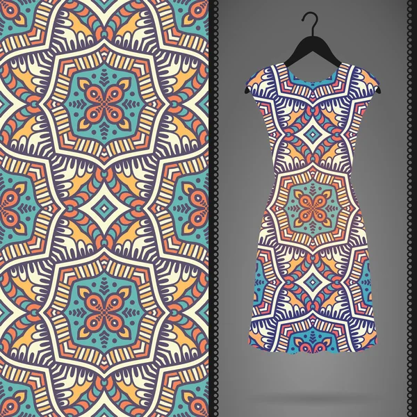 Ethnique floral motif sans couture avec robe — Image vectorielle