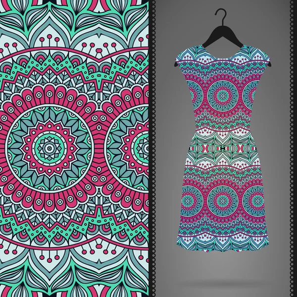 Ethnic floral seamless pattern with dress — Stock Vector