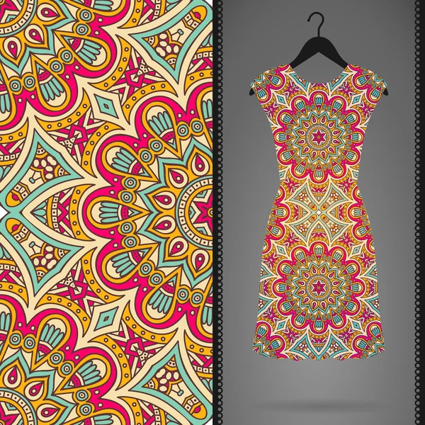 Ethnic floral seamless pattern with dress — Stock Vector