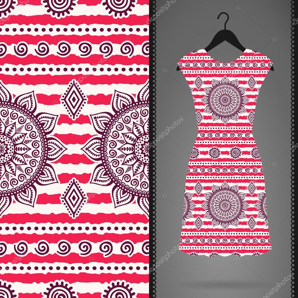 Dress with seamless pattern. Vintage decorative elements. Hand drawn background. Islam, Arabic, Indian, ottoman motifs. Perfect for printing on fabric or paper.